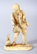 A JAPANESE MEIJI PERIOD CARVED IVORY OKIMONO - the man stood holding his plough with a duck to one