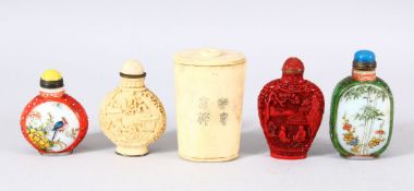 A MIXED LOT OF 5 CHINESE SNUFF BOTTLES - consisting of one cinnabar style, one carved ivory style