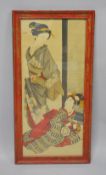A JAPANESE PAINTING ON SILK OF TWO GEISHA GIRLS - one seated and one stood aside a screen with