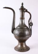 A LARGE 19TH ISRAEL TINNED COPPER EWER, with floral carved decoration and other chased design,