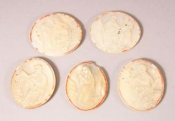 FIVE SMALL 18TH/19TH CENTURY JERUSALEM CARVED MOTHER OF PEARL OVAL PANELS, each depicting figures