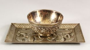 A FINE 19TH CENTURY BURMESE OPENWORK SILVER BOWL, 9cm diameter, together with a rectangular silver