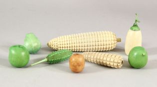 A COLLECTION OF 19TH CENTURY INDIAN COMPANY SCHOOL CARVED IVORY FRUIT AND VEGETABLES, largest 12cm