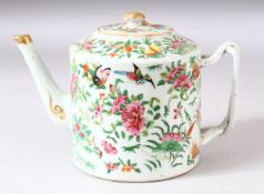 A CHINESE CANTON PORCELAIN TEAPOT AND COVER, painted with flowers, birds and butterflies, overall