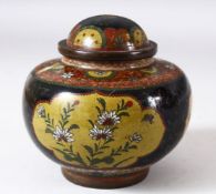 A JAPANESE CLOISONNE KORO AND COVER, the bowl with three panels of flowers, butterflies and stylised