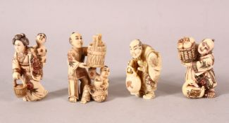 FOUR JAPANESE MEIJI PERIOD CARVED MAMMOTH IVORY NETSUKE - each carving of a typical day to day