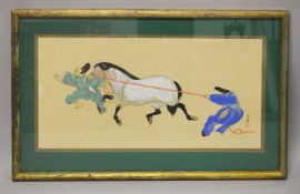 A CHINESE 20TH CENTURY WATERCOLOUR ON PAPER OF FIGURES AND HORSES - signed lower right, famed
