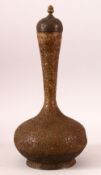 A LARGE 18TH/19TH CENTURY LIDDED COPPER SURAHI BOTTLE, with chased foliate decoration all over, 39cm