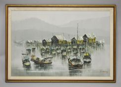 A LARGE CHINESE OIL ON CANVAS PAINTING BY F.C CHEUNG - A Water side nautical theme of Asia, signed