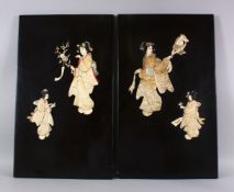 A PAIR OF JAPANESE MEIJI PERIOD CARVED IVORY AND MOTHER OF PEARL INLAID LACQUER PANELS - the