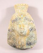 AN EYGPTIAN GREEN GLAZED POTTERY BUST OF A WOMAN, possibly an eygptian goddess, 10cm.