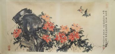 A LARGE ELABORATE CHINESE SCROLL PAINTING of birds aside rocky floral landscape, signed and sealed