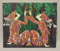 A 20TH CENTURY INDIAN SCHOOL PAINTING ON CANVAS - SIGNED - depicting to female figures holding a