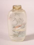 A CHINESE GLASS SNUFF BOTTLE, internally painted with birds, signed, lacking stopper, 8cm high.