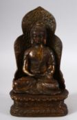 A CHINESE GILT BRONZE FIGURE OF BUDDHA / SHAKYAMUNI - in seated meditative pose - 24cm