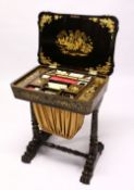 A CHINESE EXPORT BLACK LACQUER AND GILT DECORATED SEWING TABLE, with hinged lid opening to reveal