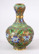 A 19TH CENTURY CHINESE CHAMPLEVE ENAMEL / CLOISONNE BOTTLE VASE , Of garlic head form, decorated