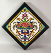 A 19TH CENTURY PERSIAN QAJAR TILE PANEL, comprising four square tiles forming a picture depicting an