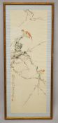 A CHINESE FRAMED WATERCOLOUR OF BIRDS AND FLORA - the picture painted to depict three birds