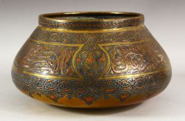 A GOOD LARGE DAMASCUS CAIROWARE SILVER INLAID BRASS BOWL, the body with a broad band of calligraphy,