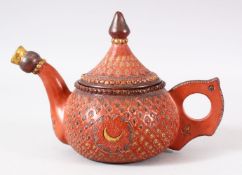 A GOOD TURKISH TOPHANE POTTERY COFFEE POT & COVER - With incised and gilded motifs, 21cm