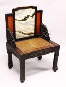 A FINE CHINESE CARVED HARDWOOD, MARBLE AND BURR ARMCHAIR, the chair with a fine natural marble