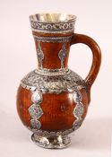A RARE & UNUSUAL 18TH CENTURY OTTOMAN NIELLO SILVER & CARVED WOOD JUG - the wooden carved jug with