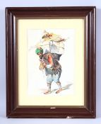 A GOOD TURKISH FRAMED WATER COLOUR / PAINTING, Depicting a Turkish trader with his objects upon