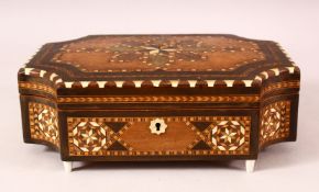 A HISANO MORESQUE INLAID WOODEN MUSIC BOX - with exotic wood inlays and bone or ivory - 26cm x 20cm