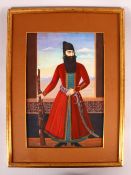 A GOOD LARGE PAINTED PORTRAIT OF FATH 'ALI SHAH, standing with an ornamental rifle and sword,