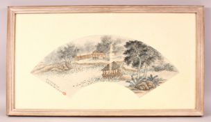 A GOOD 19TH CENTURY CHINESE FAN PAINTING, framed and glazed, with script and seal to bottom left