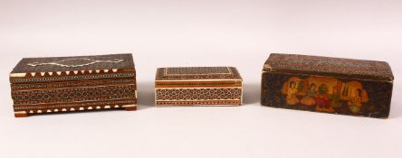 THREE 19TH CENTURY PERSIAN QAJAR MOSAIC INLAID WOODEN BOXES - Two inlaid micro mosaic boxes and