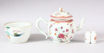 AN 18TH CENTURY CHINESE FAMILLE ROSE PORCELAIN TEA POT & COVER - decorated with typical native
