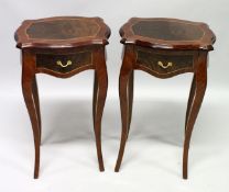 A PAIR OF FRENCH STYLE MAHOGANY AND BURRWOOD SINGLE DRAWER LAMP TABLES. 1ft 5.5ins wide x 2ft 6.5ins