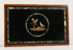 A VERY GOOD SWISS MUSICAL BOX with pietra dura inlaid top with two doors.