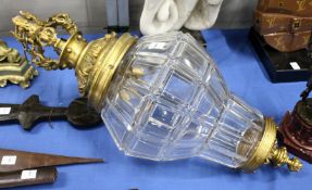 A HEAVY CONE SHAPED GLASS AND ORMOLU LANTERN. 30ins long.