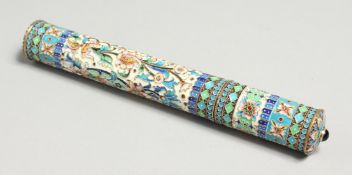 A GOOD RUSSIAN SILVER AND ENAMEL TUBE CIGAR HOLDER Mark; 84, I.P. 7.5ins long