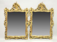 A GOOD PAIR OF DECORATIVE GILT FRAMED PIER MIRRORS, 19th Century or earlier, with pierced and carved