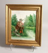 A FRENCH PORCELAIN PLAQUE, men fishing 11ins x 9ins.