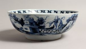 AN 18TH CENTURY ENGLISH BLUE AND WHITE TIN GLAZED CIRCULAR BOWL, the side with a Chinese design.