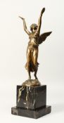 A GILT BRONZE OF A CLASSICAL LADY WITH WINGS. 13.5ins high on a marble plinth