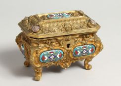 A VERY GOOD BRONZE AND ENAMEL JEWEL BOX with velvet interior, 5.5ins long.