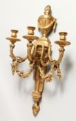 BARBEDIENNE - A GOOD ORMOLU BRONZE WALL LIGHT, with urn shaped finials, three scrolling branches