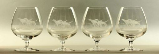 A SET OF FOUR BRANDY BALLOONS, each ethced with dogs and birds