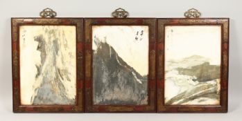 A SET OF THREE CHINESE REVERSE PAINTINGS, framed, 16ins x 11ins.