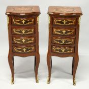 A PAIR OF FRENCH STYLE MAHOGANY AND INLAID FOUR DRAWER CHESTS on cabriole legs. 1ft 1.5ins wide x