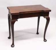 A GEORGE III MAHOGANY FOLD OVER CARD TABLE with a shaped rectangular top, green beize lining with