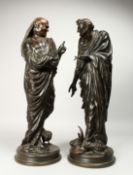 A SUPERB PAIR OF 19TH CENTURY BRONZE CLASSICAL FIGURES of a man and a woman, chickens and dead
