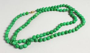 A LONG GREEN JADE NECKLACE with gold clasp 50ins long