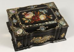A VICTORIAN PAPIER MACHE FITTED SEWING BOX inlaid with mother of pearl 10ins long